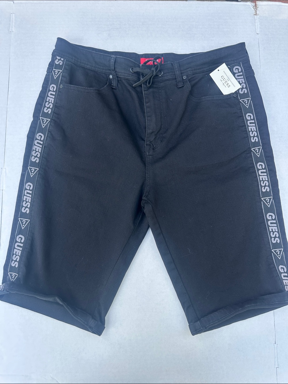 GUESS Black Logo-Trim Denim Shorts SZ 38